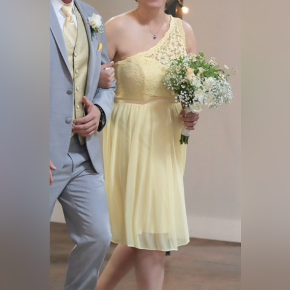 David's Bridal Yellow One-Shoulder Lace Dress